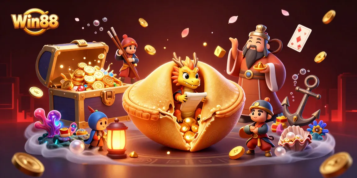 Win88 showcases a vibrant 3D illustration of fortune, gold, and dragon elements in a playful casino theme.