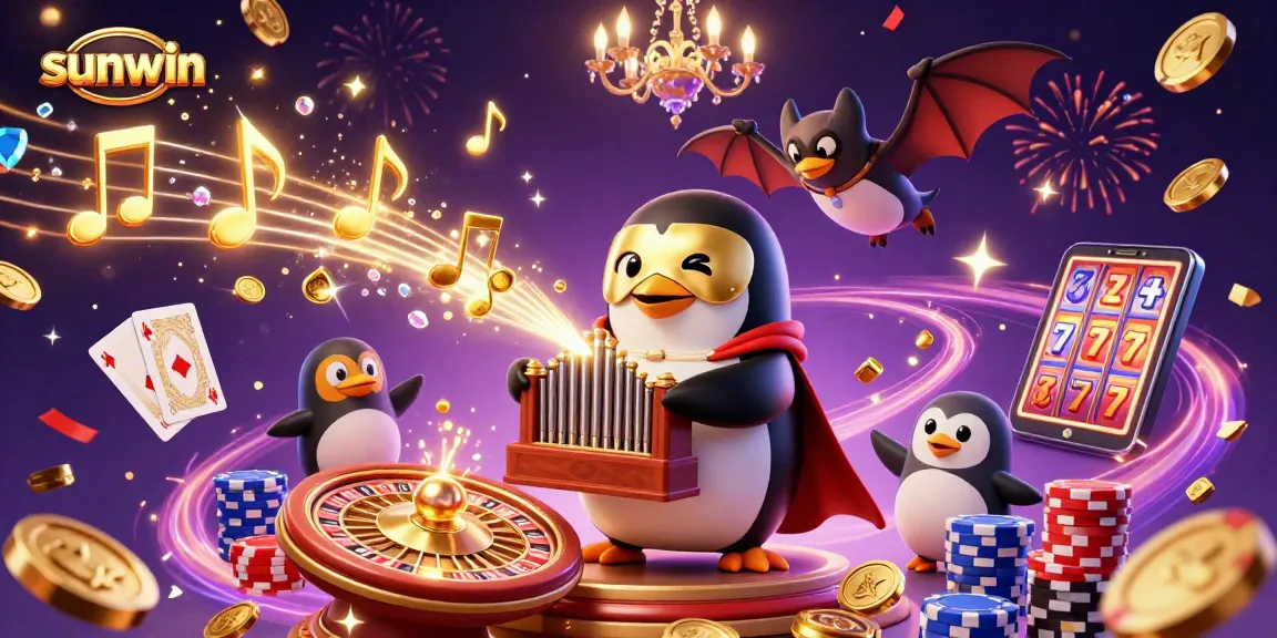 sunwin showcases a whimsical 3D scene with a penguin playing organ, coins, and vibrant casino elements.