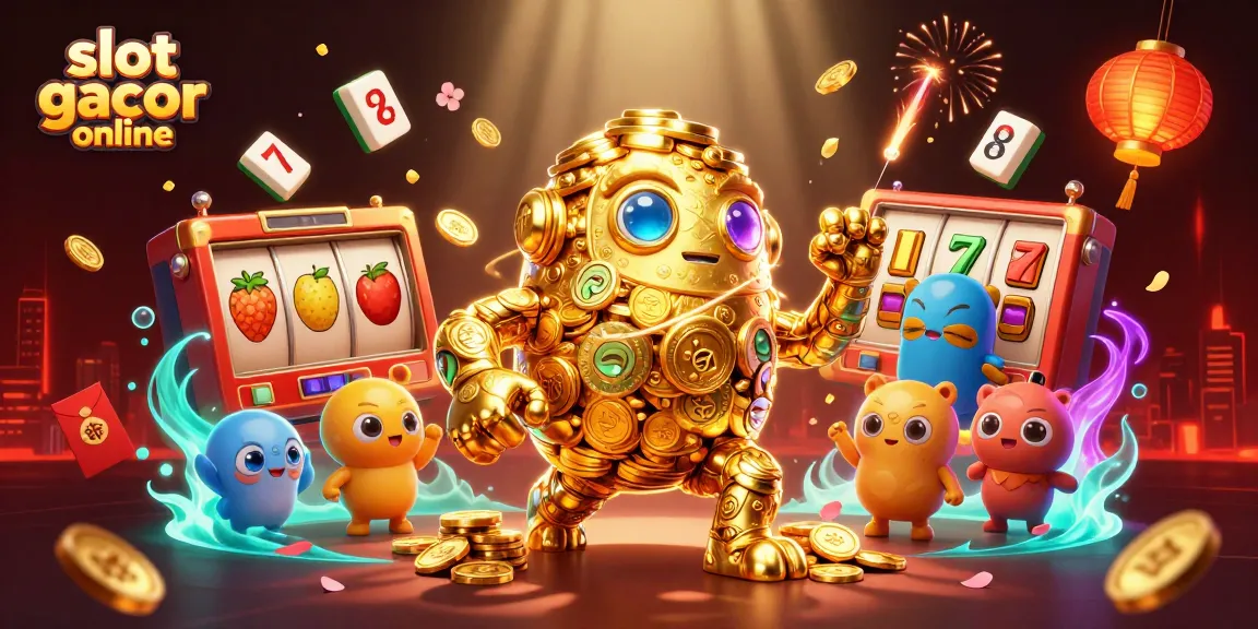 Gambarkan slot gacor online dengan golem emas, simbol mesin slot, dan elemen kasino lainnya.