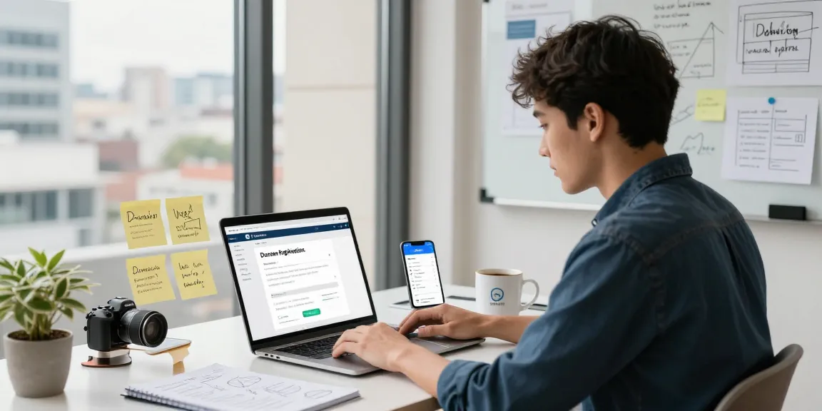 Dynamic digital workspace illustrating registro de dominios with a professional planning domain names, featuring laptop and brainstorming sketches.