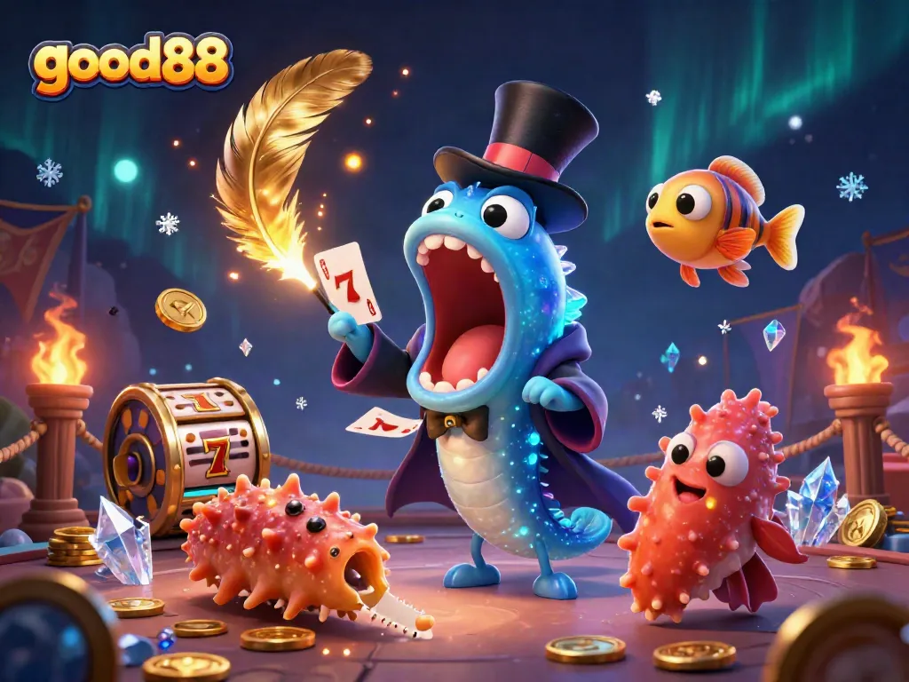 Experience the thrill of good88 as a deep-sea gulper eel performs card tricks in a vibrant casino scene.
