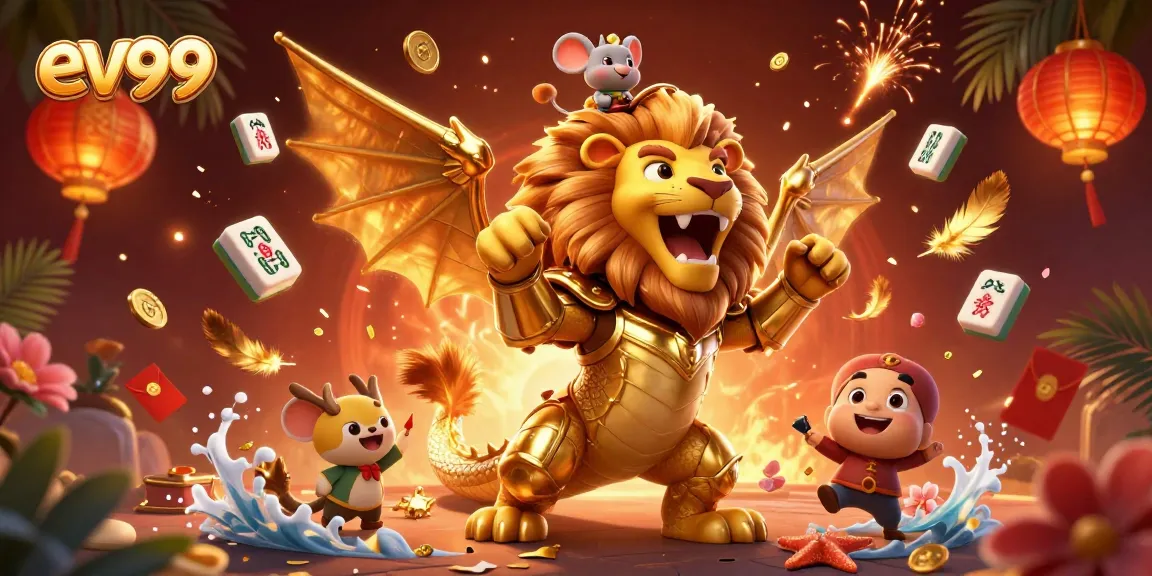 Engage in thrilling gambling adventures with ev99, featuring a majestic chimera amidst casino-themed elements.