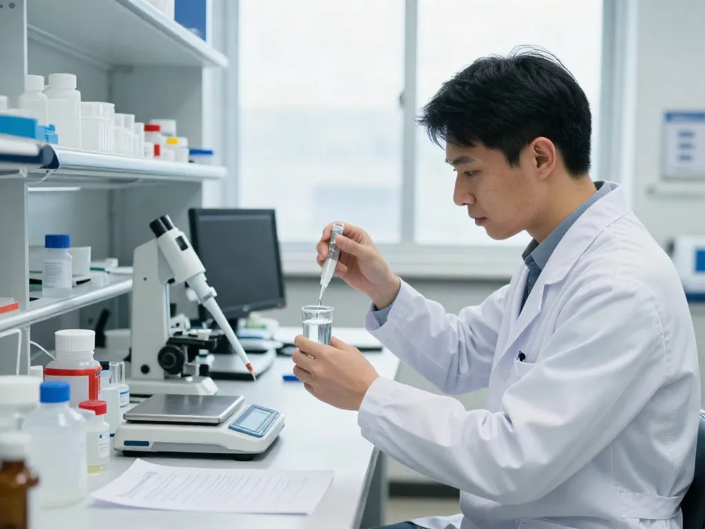 Bacteriostatic water being measured in a lab for precise research preparation.