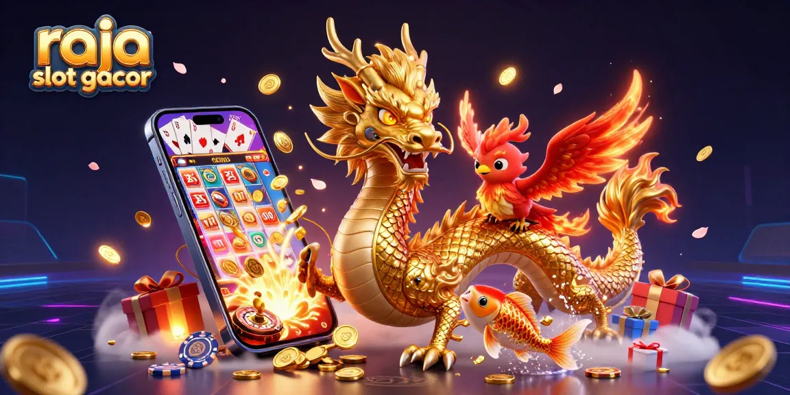 Join the excitement with raja slot gacor, featuring a fierce dragon, phoenix, and koi amidst vibrant slots.