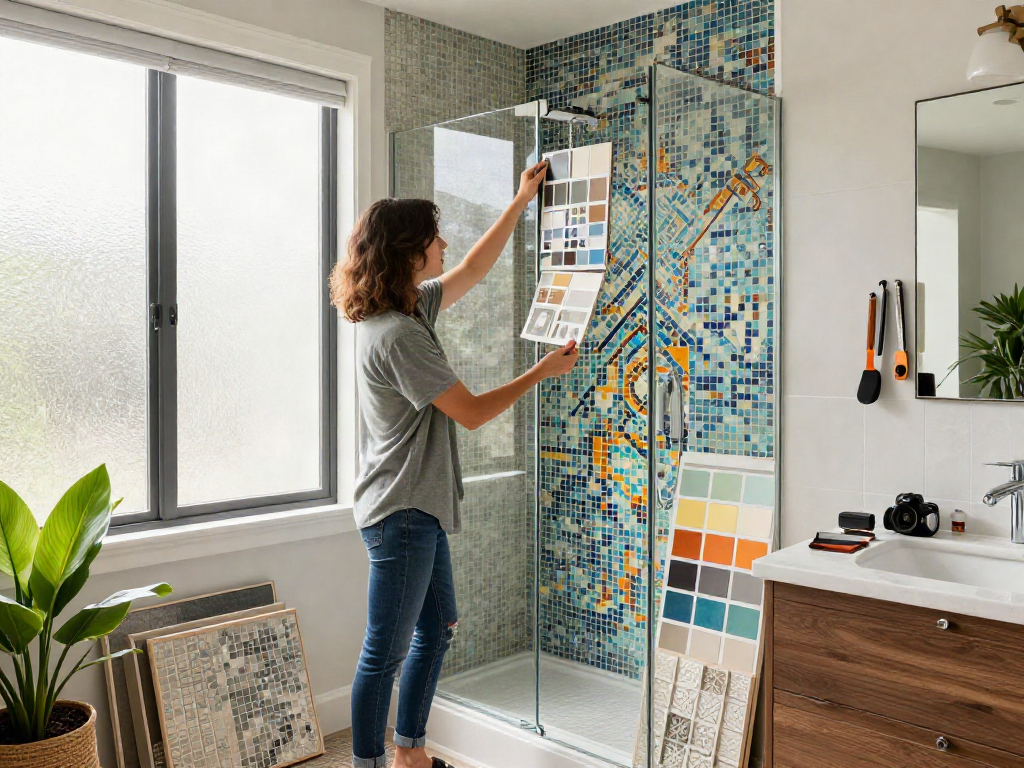 Mosaic tiles Sydney showcased in a vibrant bathroom design scene with a homeowner selecting colorful patterns.