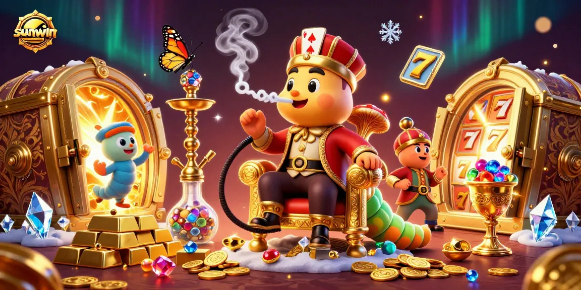 Engage with sunwin slots and jackpots in a vibrant 3D casino scene bursting with treasures.