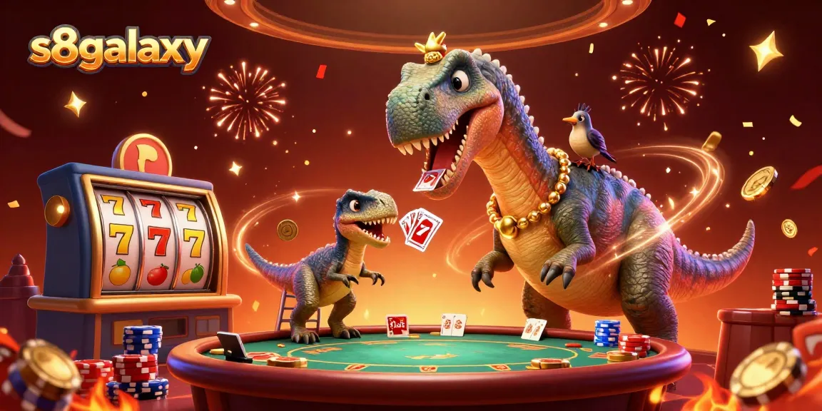 S8galaxy offers a vibrant casino experience with a 3D scene of playful characters dealing poker.