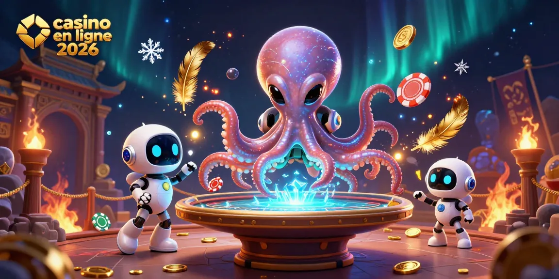 Illustration dynamique d'un casino en ligne 2026 avec un octopus extraterrestre jouant au poker.