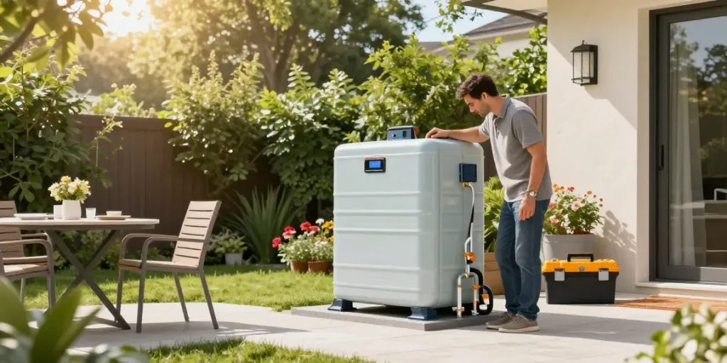 Homeowner reviewing Hot Water Tanks installation in a beautiful garden.