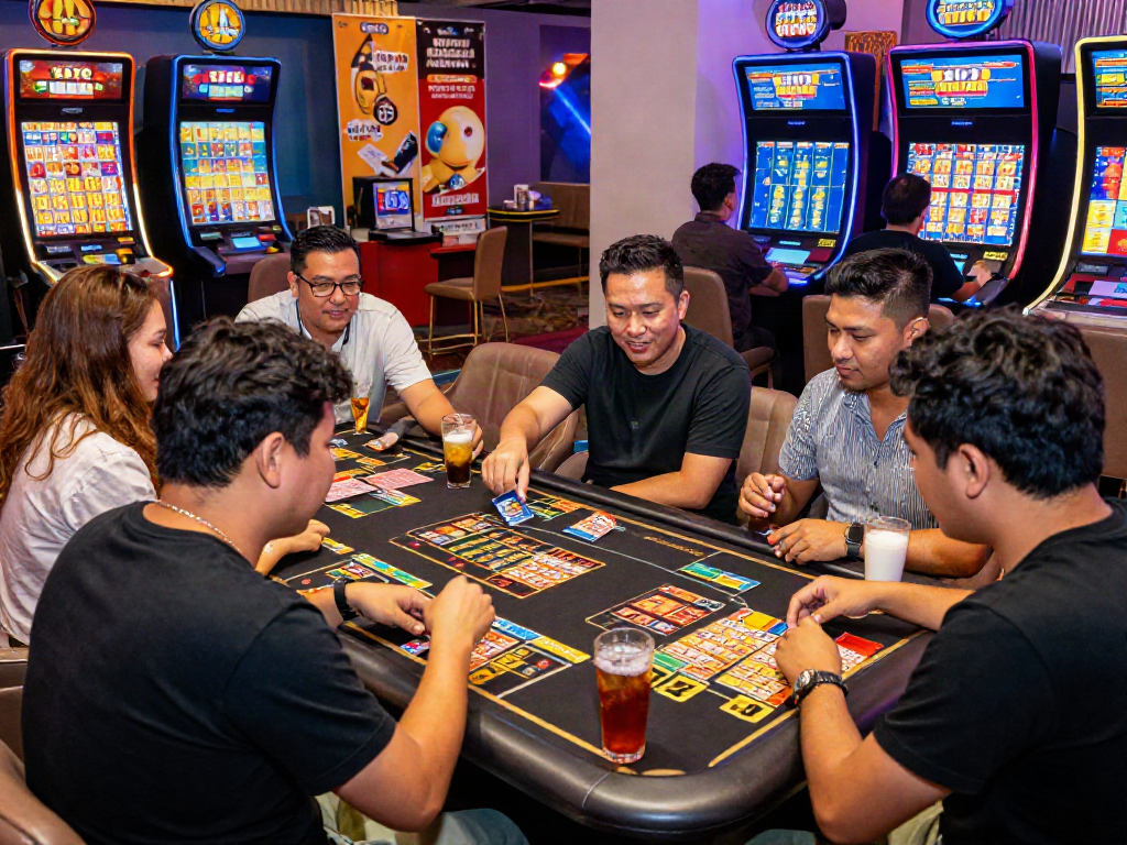 Engaged players enjoying a lively game of toto togel in a modern lottery venue.