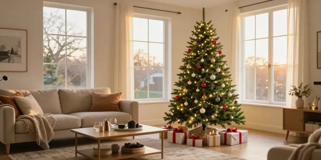 Decorated pre lit pencil slim Christmas tree in a cozy living room setting.