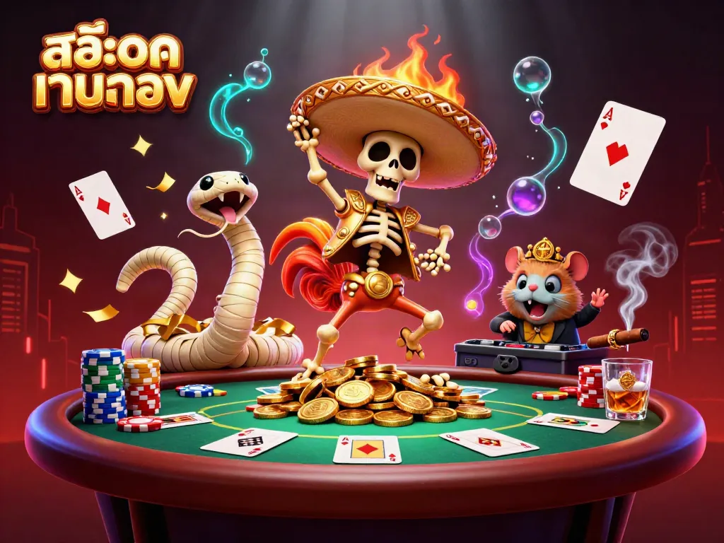 Play สล็อตเว็บตรง with exciting characters in a vivid casino illustration scene.