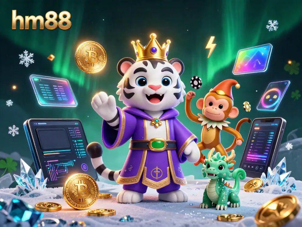Engage in HM88's dynamic casino atmosphere with a playful tiger, monkey, and jade dragon showcasing vibrant gaming elements.