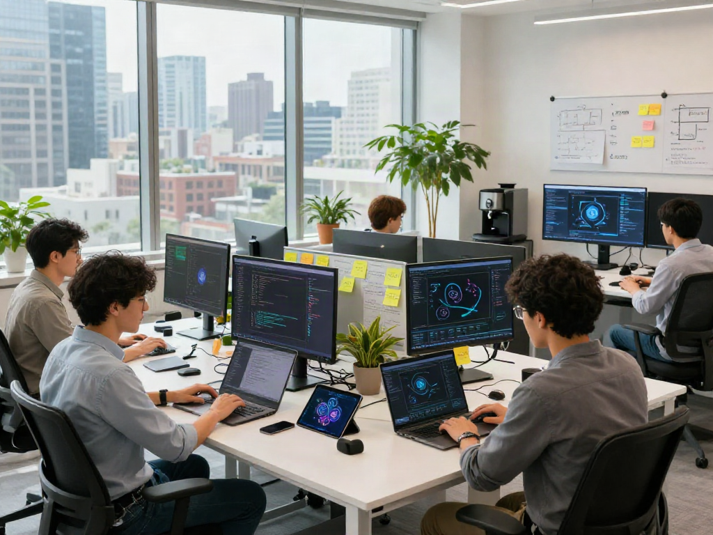 Collaborative team coding in a modern AI workspace, emphasizing the crush on ai in tech development.
