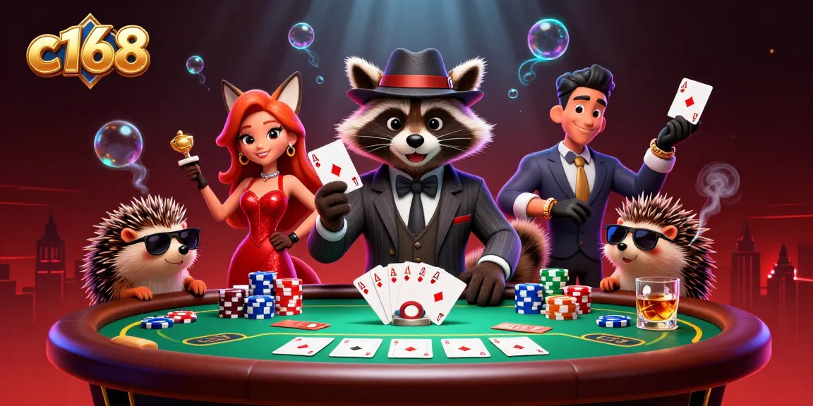Experience the excitement of c168 poker with a raccoon in a suit, a fox lady, and a hedgehog bouncer.