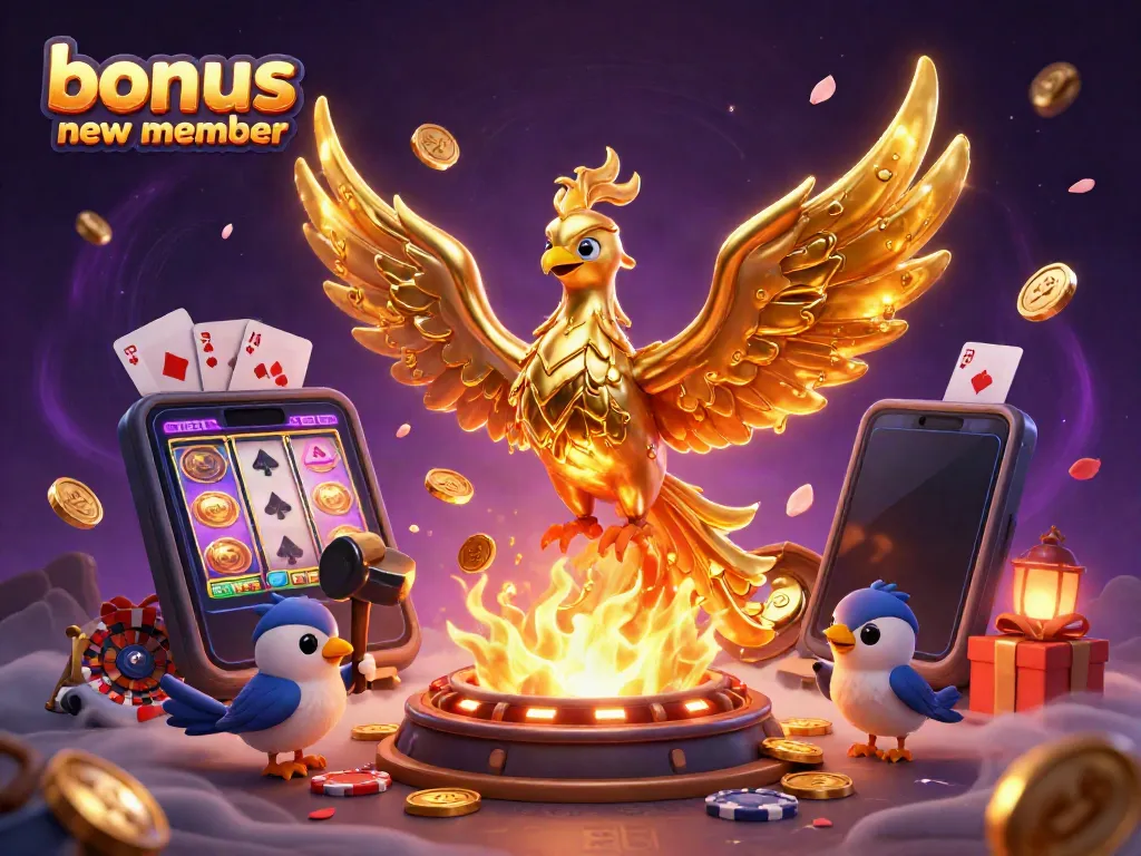 Engage with the exciting bonus new member offers featuring a golden phoenix and slot games amidst a vibrant casino scene.