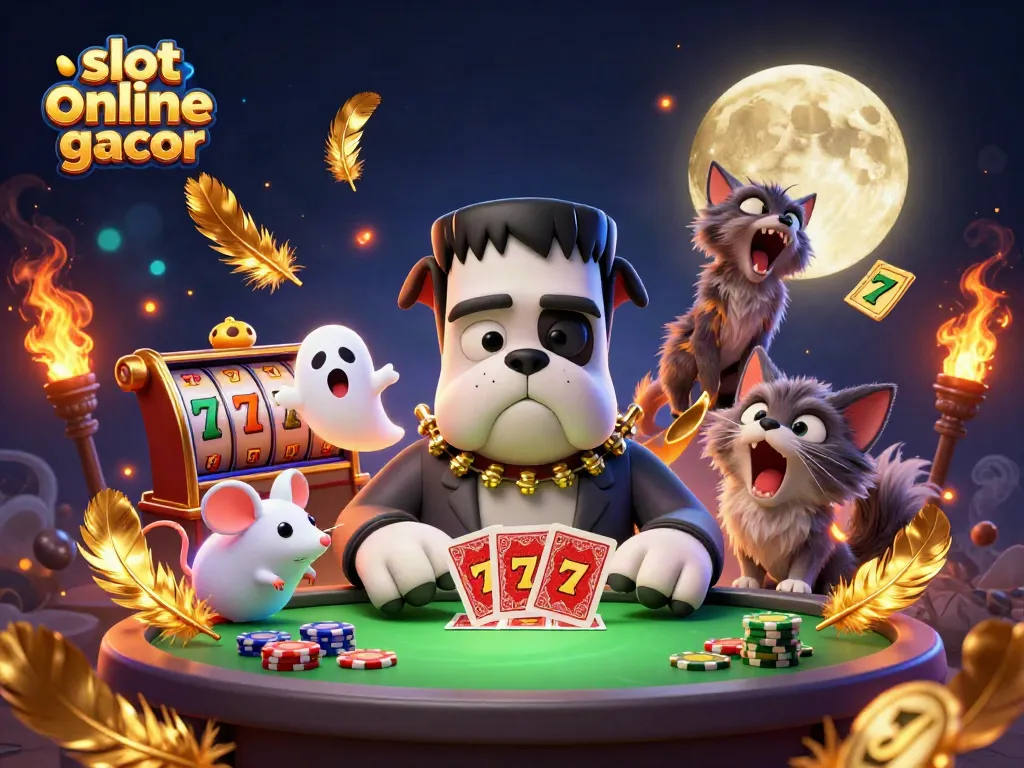 Engage with slot online gacor as a cartoon bulldog deals cards amidst slot reels and vibrant casino atmosphere.