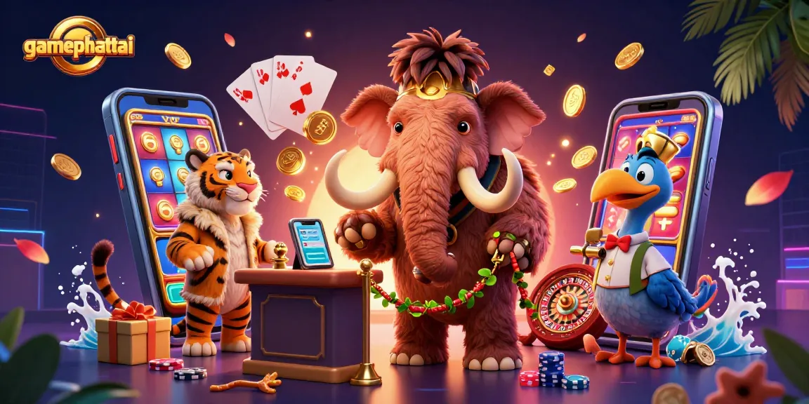 Join the excitement with gamephattai in this vibrant casino scene featuring a woolly mammoth bouncer and VIP guest.