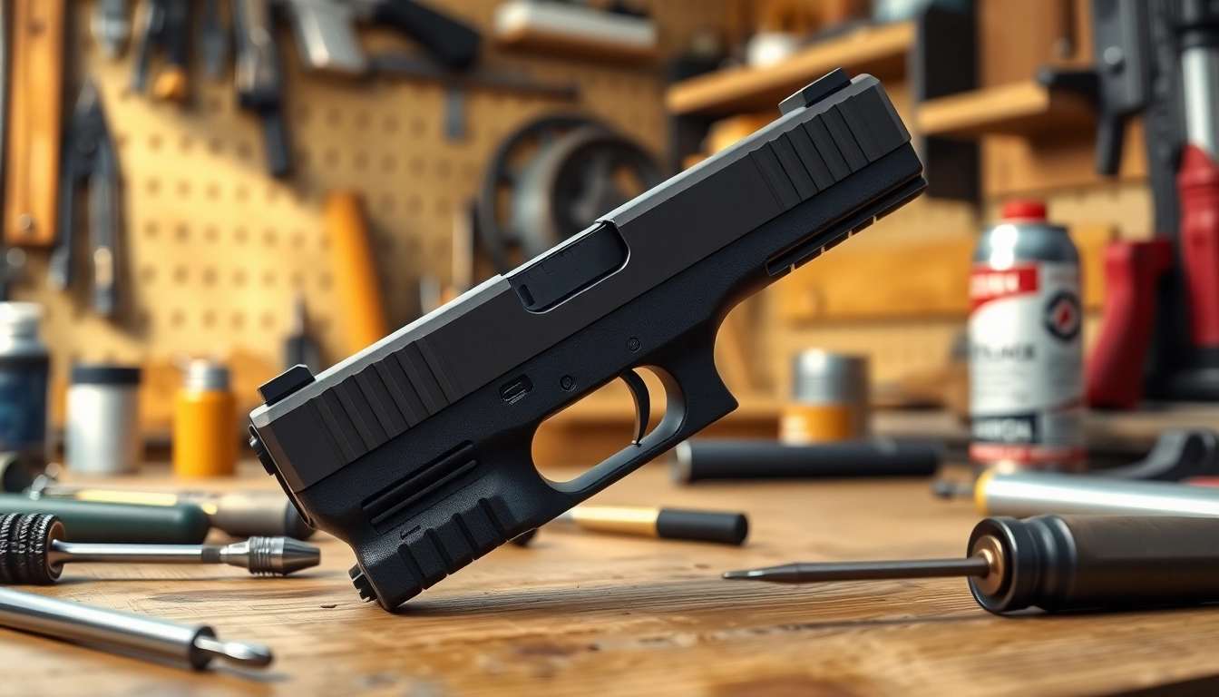 Showcase of a glock 19 gen 5 slide on a tool-laden workbench, highlighting its design and features.
