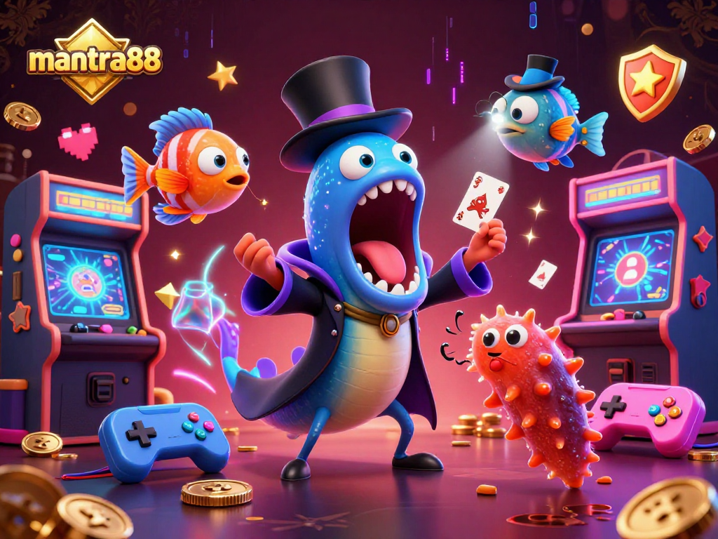 Capture the excitement of mantra88 with a bioluminescent gulper eel magician, anglerfish spotlight, and game elements.