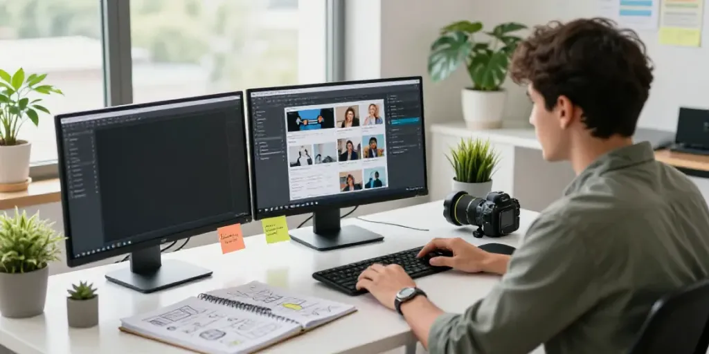 AI generated social media content creation in a modern workspace with multiple tech devices.